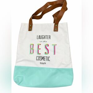 Benefit Canvas Tote with Brown and Mint Accents